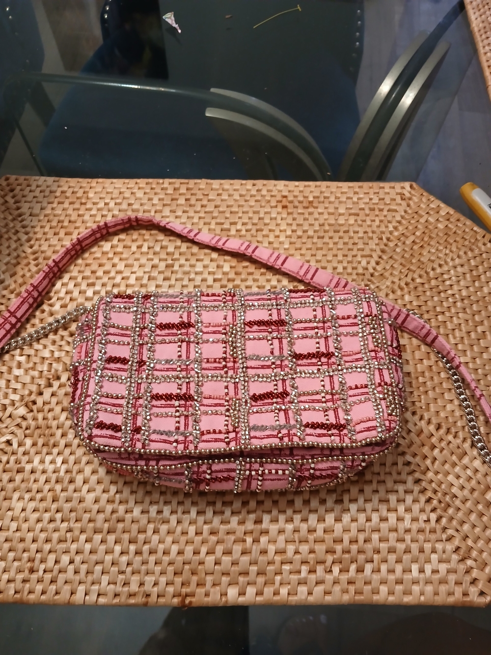 Zara Pink Beaded Grid Crossbody Bag